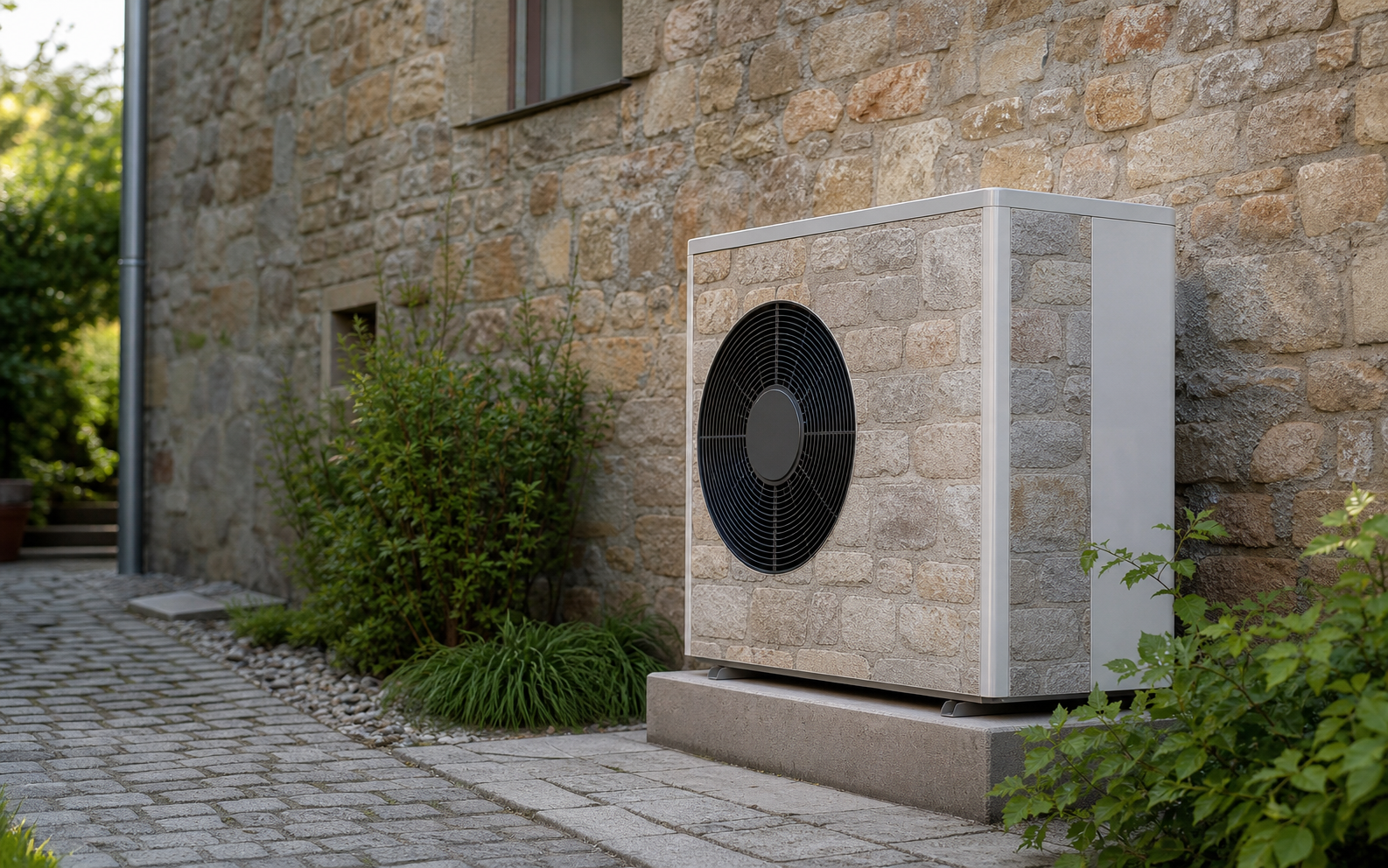 Wärmepumpe mit dezenter Folierung vor einer alten Mauer