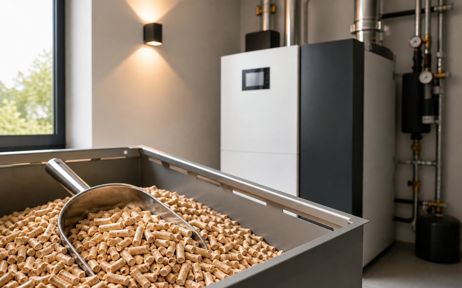 Holzpellets vor Pelletkessel im Heizraum